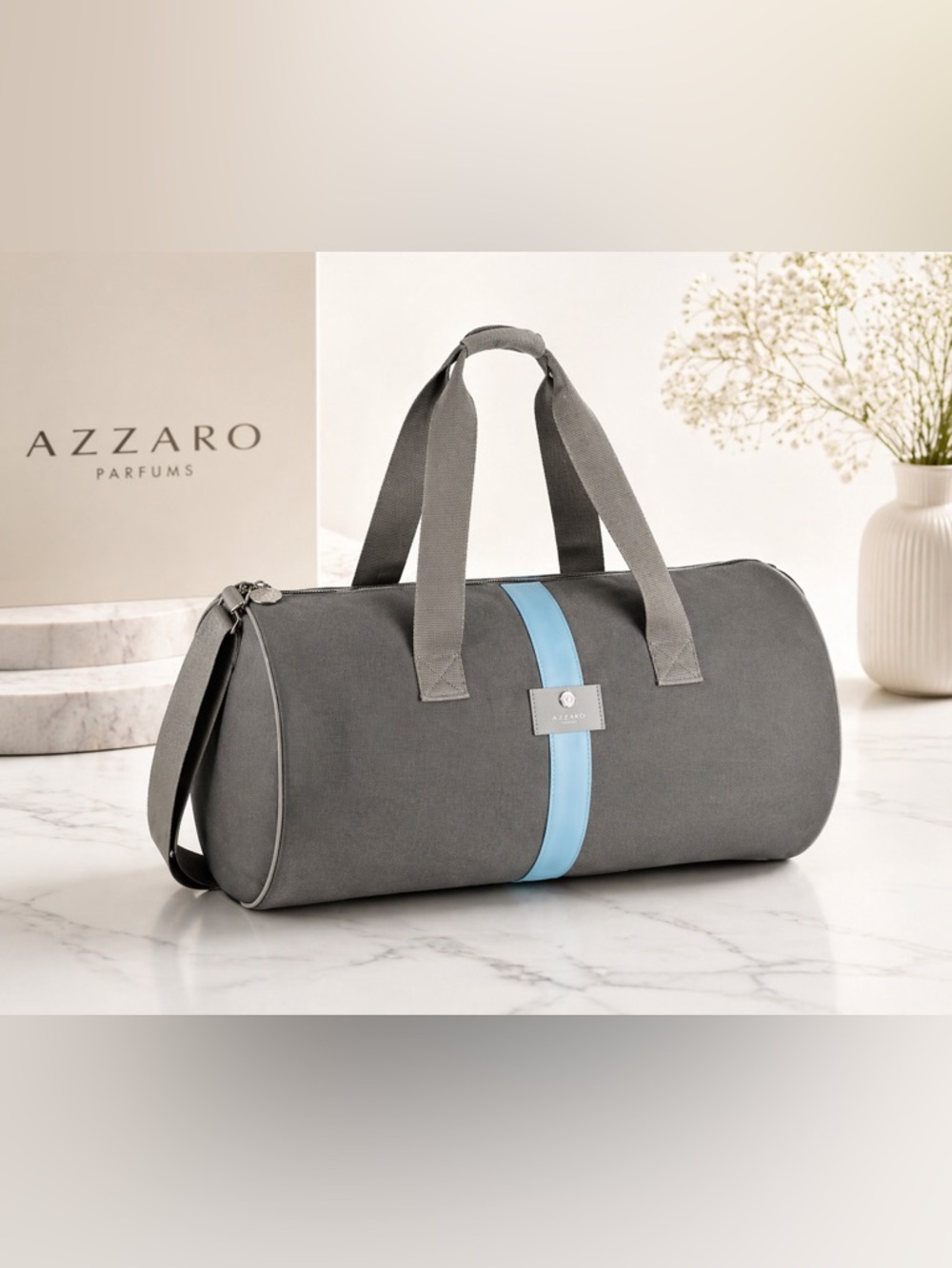 Azzaro Gray Duffel Bag with Light Blue Stripe - Men’s Travel Carryall